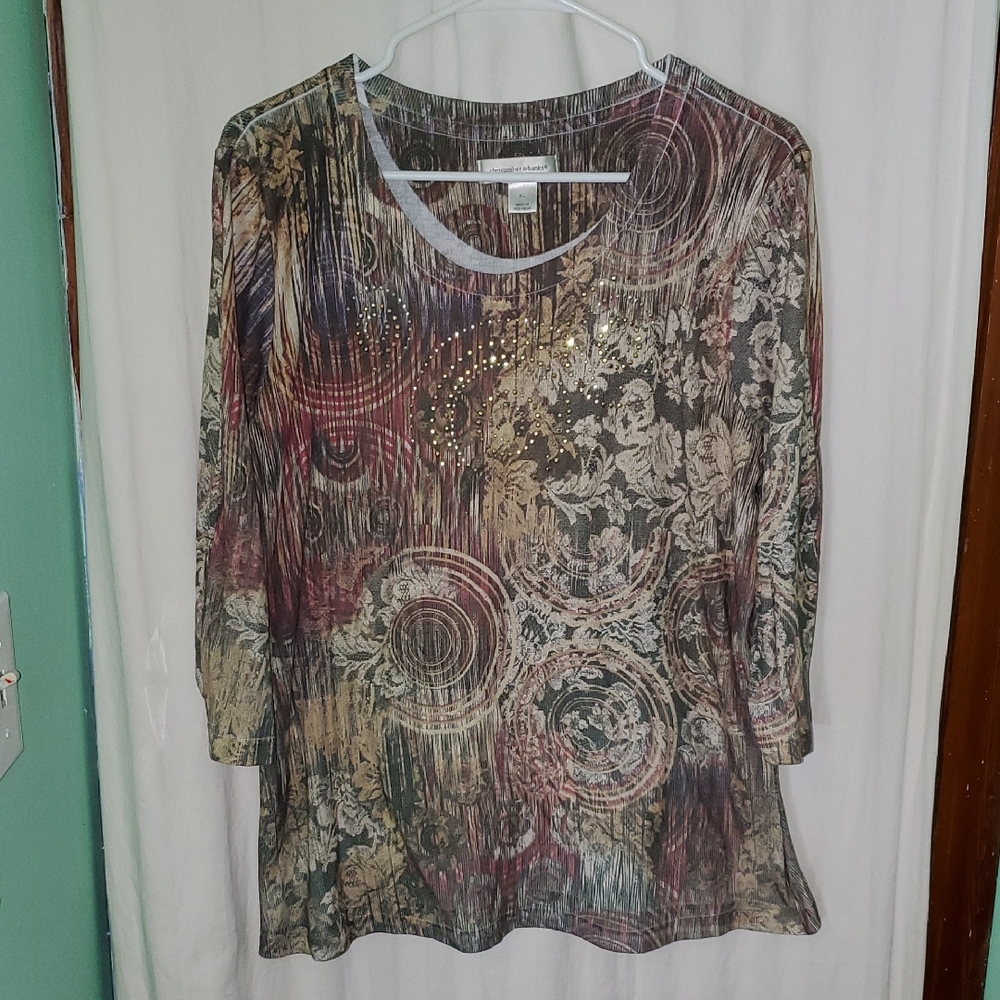 Vintage Y2k Sparkly Bedazzled Floral Swirl 3/4 Sleeve Top